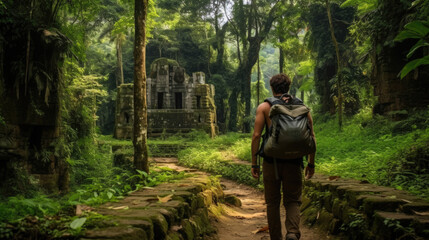 Backpacker walking through the jungle of Nepal