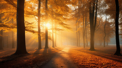 Panoramic Background Image of Beautiful Sunny Forest in Autumn with Sunbeams through Fog
