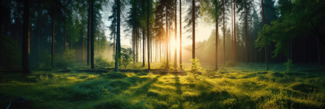 Beautiful forest panorama with large trees and bright sun © Sasint
