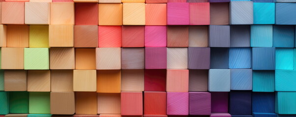 Colorful wooden blocks aligned. Wide format. Hand edited generative AI.  - obrazy, fototapety, plakaty