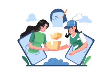 A woman receiving parcel from delivery service courier through smart phone screen