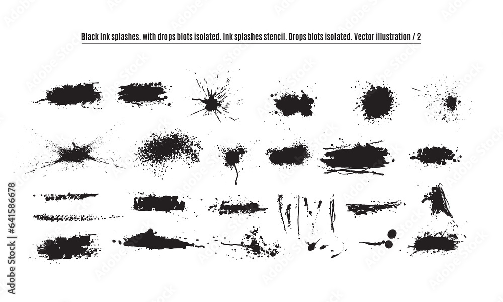 Poster black ink splashes. with drops blots isolated. ink splashes stencil. high quality manually traced. d