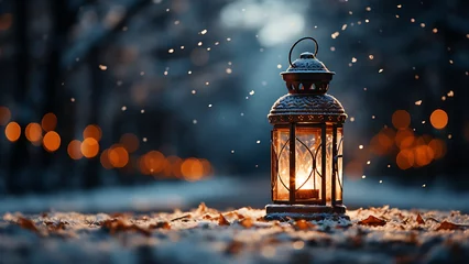 Foto auf Acrylglas Christmas lanterns on snow in night scene. © Tech Hendra