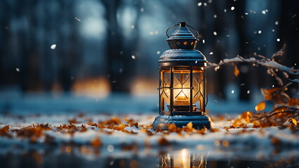Christmas lanterns on snow in night scene.