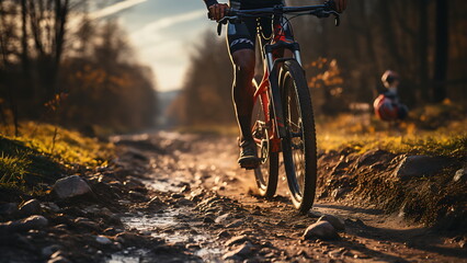 Cyclist riding bike in helmets go in sports outdoors on sunny day. - obrazy, fototapety, plakaty