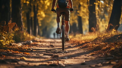 Cyclist riding bike in helmets go in sports outdoors on sunny day. - obrazy, fototapety, plakaty