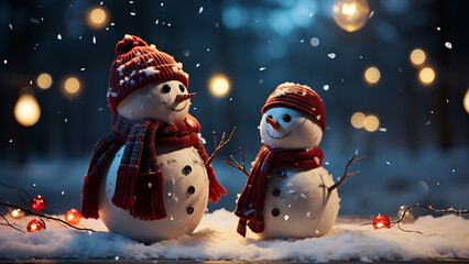 Merry christmas and happy new. Happy snowman standing in christmas landscape. Snow background.