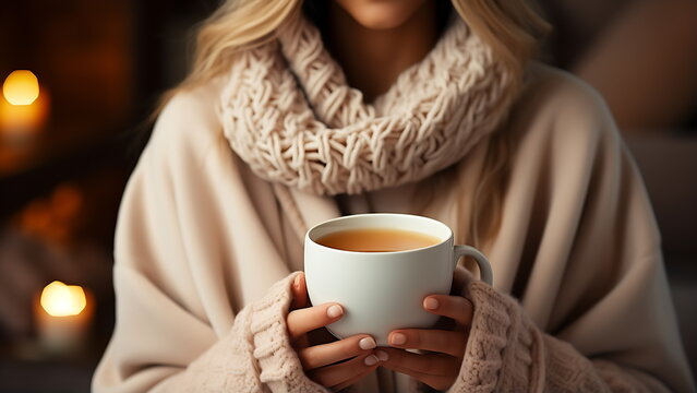 Woman holding a cup of coffee. A girl in a cozy house drinks a hot drink.