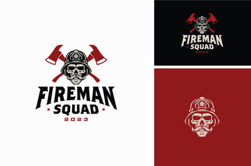 Crossed Firefighter Axes Hatchet Pulaski with Mustache Skull Wearing Fireman Helmet logo design