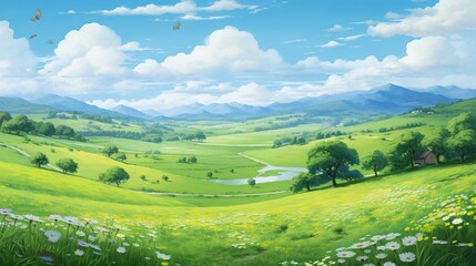 Fototapeta premium a painting of a beautiful green valley with flowers and hills in the background. generative ai