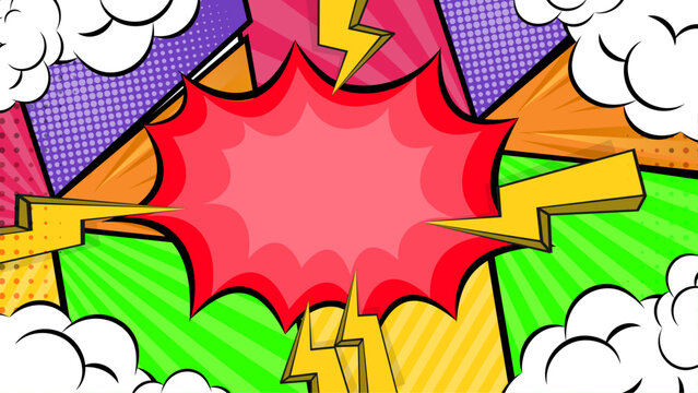 Colorful comic cartoon contrast background with halftone frame and lightning