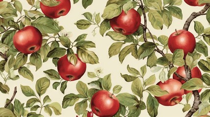 a painting of apples on a branch with leaves on a white background.  generative ai