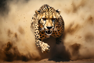 A cheetah running through the sand