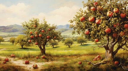 Fototapeta premium a painting of an apple orchard with mountains in the background. generative ai