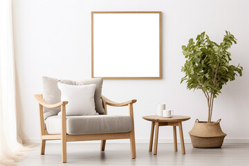 Gray armchair against of white wall with empty mock up poster frame. Scandinavian interior design