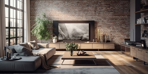 Gray sofa and tv unit in loft interior design of modern living room 