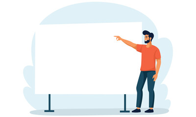 Flat vector illustration. Man standing in front of a large banner and giving a presentation. There is space for your text on the banner. Vector illustration