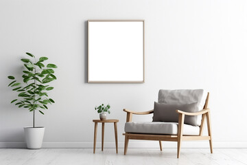 Gray armchair against of white wall with empty mock up poster frame. Scandinavian interior design