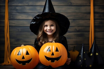 Happy cheerful little girl dressed as a witch or an evil sorceress in makeup is having fun at the Halloween celebration. Festive costume. Jack lantern.