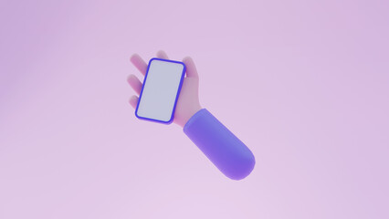 Hand hold smart phone cartoon character 3d render. Black screen mobile illustration.