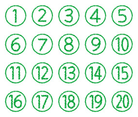 手描きのクレヨン素材　20までの数字アイコンセット