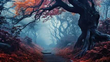 Fairy forest in fog. Fall woods. Enchanted autumn forest in fog in the morning. Old Tree. Landscape with trees, colorful orange and red foliage and blue fog. Nature background. Dark foggy forest