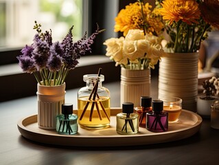 A collection of fall scent aroma diffusers on a wooden tray.