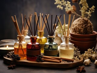 A collection of fall scent aroma diffusers on a wooden tray.