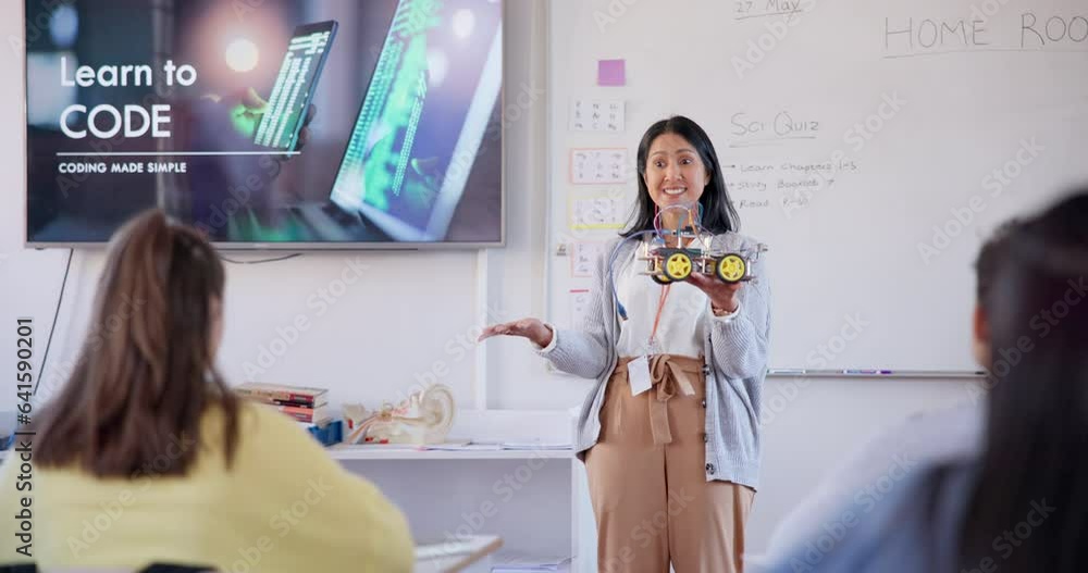 Aufkleber Teacher, presentation and code learning in classroom education, information technology or engineering design. Professor, people and students software development, school computer and robotics lecture
