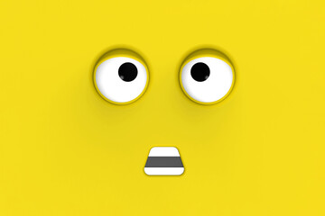 Yellow face of cute character. Cute face. stupid face. emotion surprise. Horizontal image. Surprised face. 3D image. 3D rendering. - obrazy, fototapety, plakaty