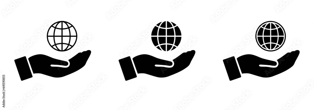 Poster globe icon with hand icon. internet icon on hand set of three black. isolated www web icon on hand v