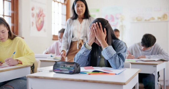 High school, classroom students and girl stress, sad or tired from learning burnout, education problem or academy anxiety. Mental health, elementary class test and learner frustrated with exam study