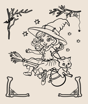 Halloween witch flying on broom. Black and white vector illustration for coloring book