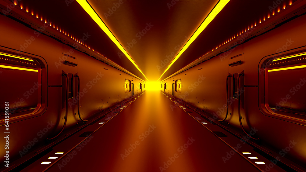 Poster corridor in space station or in laboratory and gold light from the destination. science elements and
