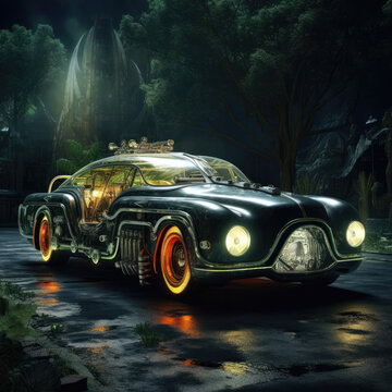 oldtimer car on the street night lightnig