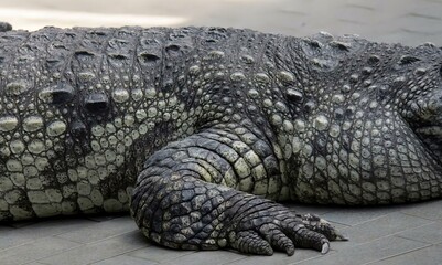 a photography of a large alligator laying on the ground, crocodylus niloticus, a large crocodile with a very long snout. - obrazy, fototapety, plakaty