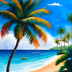 Tropical Palm Beach Sunset Illustration 