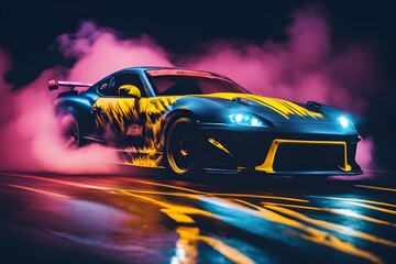Drifting sports car wallpaper. Dark black background with smoke. Yellow luxury car in the smoke....