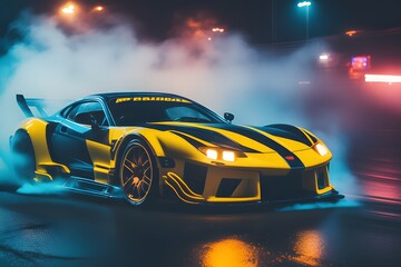 Fototapeta na wymiar Drifting sports car wallpaper. Dark black background with smoke. Yellow luxury car in the smoke. Supercar in motion. Sports car drifting in smoke. Supercar in fog.