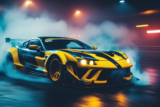 Drifting sports car wallpaper. Dark black background with smoke. Yellow luxury car in the smoke. Supercar in motion. Sports car drifting in smoke. Supercar in fog.