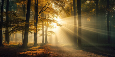 Beautiful autumnal forest into the morning light