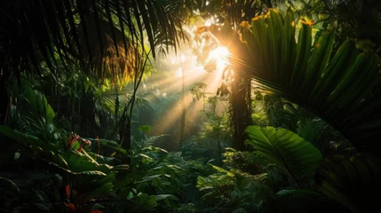 Papier Peint photo autocollant Paysage Sunrise in jungle rainforest view through tropical palm tree plants and lush fern foliage. Beautiful sunny morning in magic forest. Exotic nature landscape with wonderful majestic scenery