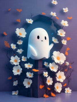 3d cute ghost wall floral halloween background