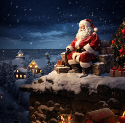 Santa Claus sitting outside, on a snowy night, smiling. Generative Ai