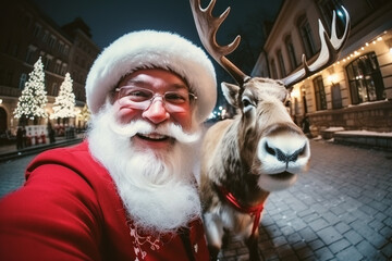 Santa Claus selfie with a reindeer, in the night. Generative Ai