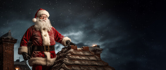 Santa Claus sitting outside, on a snowy night, smiling. Generative Ai © Tijana