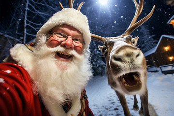 Santa Claus selfie with a reindeer, in the night. Generative Ai