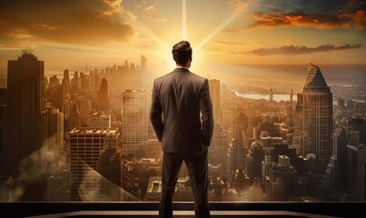 A man in a suit stands on the roof of a tall building and looks into the distance - Powered by Adobe