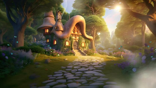 Fantasy dream fairytale landscape. Mushroom house with fireflies and aurora sky. Seamless loop 4k animation