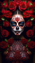 woman with skull make up and red roses